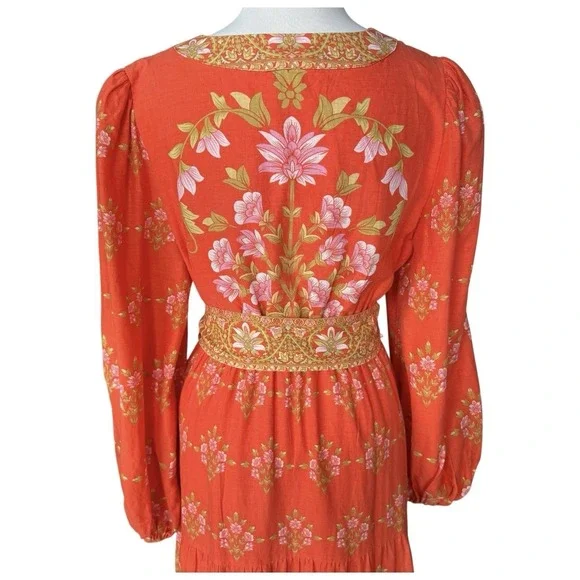 A Loves A Linen Blend Long Sleeve Floral Tapestry Maxi Dress Tie Waist Medium - Picture 5 of 9